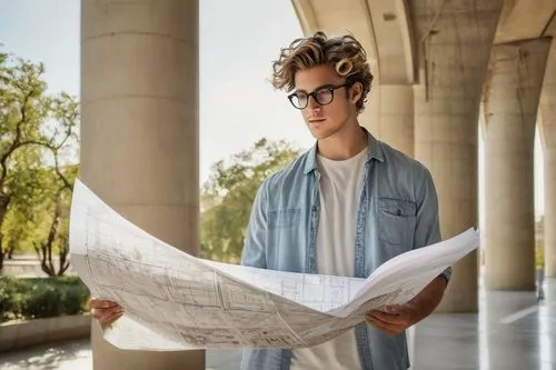 Architecture degree plan, male student, 20s, casual wear, messy hair, glasses, holding a large blueprint, standing in front of a modern university building, concrete and glass structure, intricate det