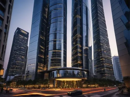 Spectacular SG architectural design, futuristic skyscraper, sleek metallic facade, curved lines, LED lights, glass windows, intricate steel beams, grand entrance, revolving doors, luxurious lobby, mar