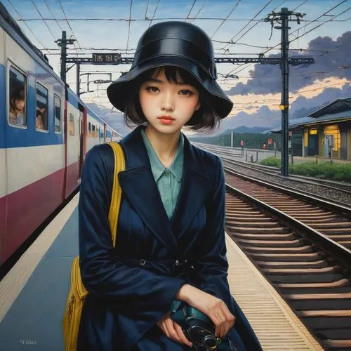 the girl at the station,boogiepop,stationmaster,japanese woman,hoshihananomia,girl wearing hat,Illustration,Realistic Fantasy,Realistic Fantasy 08