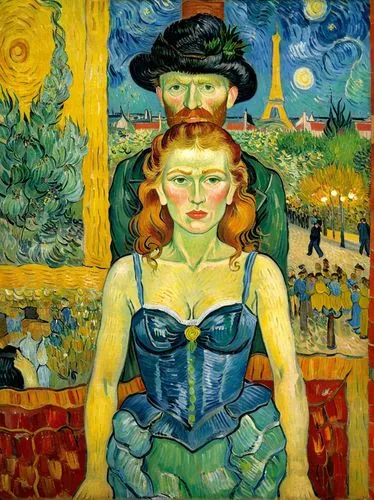 Entertainers in a Parisian nightclub.. Let the motif appear as a French impressionist painting as if it had been painted by Vincent van Gogh.,a painting with an image of a woman and a man,vincent van 