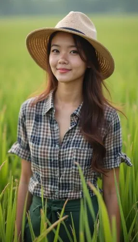 vietnamese woman,rice cultivation,agriculturist,farm girl,paddy field,rice plantation,Photography,General,Realistic