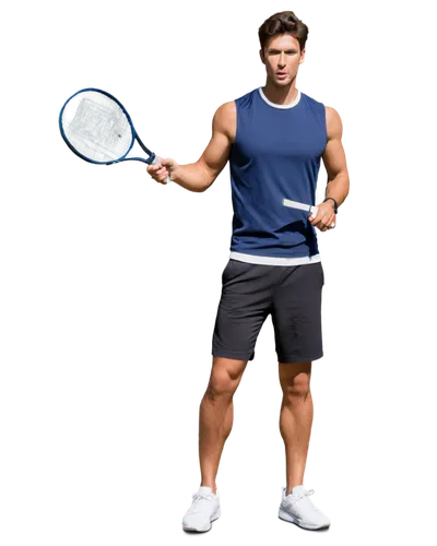 Muscular man, athletic build, serious facial expression, short brown hair, no glasses, sleeveless shirt, low waist sport pants, sports shoes, holding tennis racket, dynamic pose, outdoor tennis court,