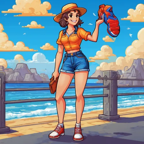 Write a humorous story about a pair of jean shorts that magically transform into different styles every day.,beach background,beach sports,retro girl,summer background,seaside,misty,summer icons,beach