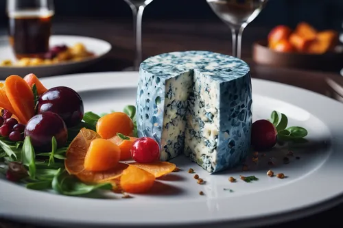 Imagine a luxurious gourmet restaurant that serves Danish blue cheese as an exclusive delicacy.,stilton blue cheese,danish blue cheese,blueberry stilton cheese,bresse bleu cheese,shropshire blue chees