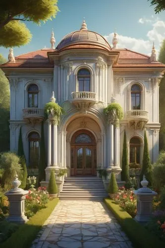 Architectural illustration, grand villa, luxurious mansion, European style, ornate facade, marble columns, stained glass windows, intricate carvings, lush greenery, flower beds, trees, sunny afternoon