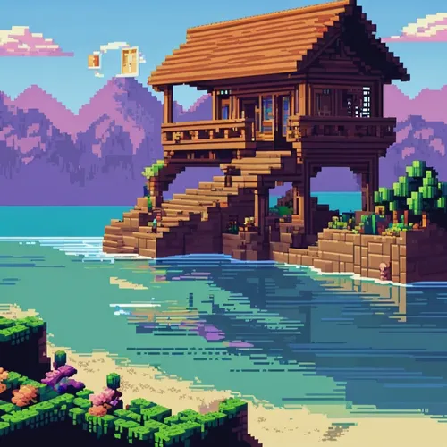 Write a mysterious prompt inspired by a 4x6 photo,house by the water,house with lake,summer cottage,fisherman's hut,fisherman's house,cottage,seaside resort,pixel art,floating huts,the cabin in the mo