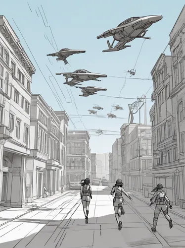 Craft a thrilling chase sequence where Athena Lee tries to escape from a group of relentless pursuers.,airships,airship,sci fiction illustration,warsaw uprising,district 9,concept art,airspace,flyby,z