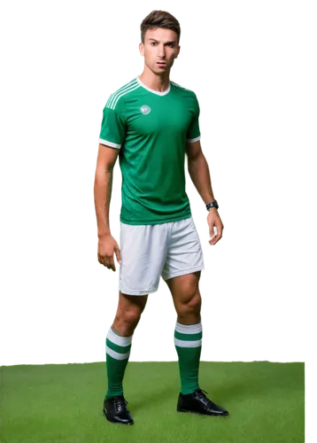 Male soccer player, athletic build, short hair, sweaty face, intense expression, wearing jersey and shorts, holding soccer ball, standing with legs apart, dynamic pose, realistic muscles, bright green