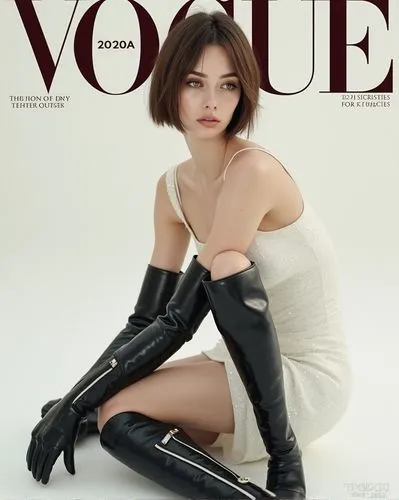 **Prompt:** "Create an image of a model on a Vogue cover with an elegant and minimal outfit. The model wears very thigh high black leather boots with a wide-shaft and straight silhouette. The boots ha