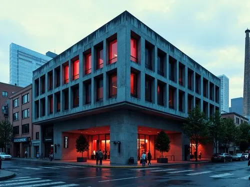 Rugged brutalist building, exposed concrete surfaces, bold color contrasts, vibrant red accents, deep blue shadows, rough textures, geometric shapes, industrial materials, urban cityscape, overcast sk