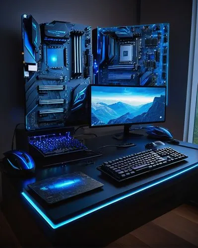 Modern computer design, futuristic architecture, Sajjan's Third Edition, digital circuitry, intricate motherboard, sleek metallic casing, glowing blue LED lights, advanced CPU, high-performance GPU, s