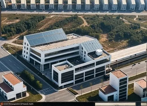 un edificio ubicado en una ciudad, su arquitectura esta basada en el constructivismo ruso.,an aerial view of two buildings with large solar panels on them,skolkovo,solar modules,technopark,technion,so