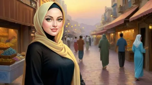 Romantic masterpiece oil painting, cute girl portrait, nostalgic 1950's style kitsch, breathtaking beautiful landscape, majestic scenery, Middle Eastern bazaar, Arabian marketplace, highly detailed, h