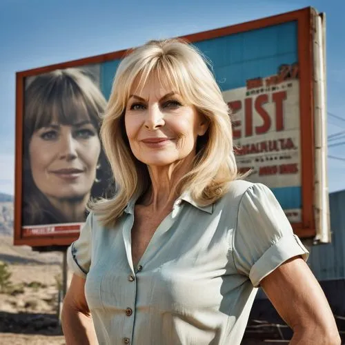 A captivating and nostalgic photograph of Ingrid Steeger, now 54 years old, standing proudly in front of a weathered billboard. The billboard features her younger self, radiant in a 1994 German TV com