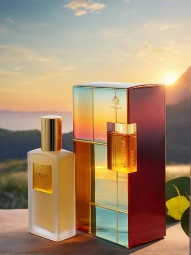 a bottle of perfume with a sunset behind it,parfum,fragrances,parfumerie,colognes,perfumes,perfumery,Photography,General,Natural