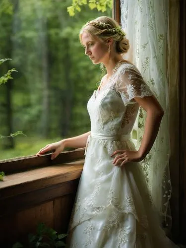 This picture shows a young blonde German bride in her light-colored wedding dress standing at a window. Her gaze is directed outside and she appears to be pensive. Bright colors. The surroundings outs