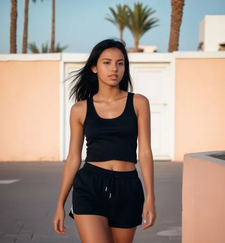 The Moroccan girl, about 18 years old, tanned, straight black hair, wears sneakers, a tank top and black shorts.  A woman in love walks down the street at sunset.,the girl is holding a rose in one han