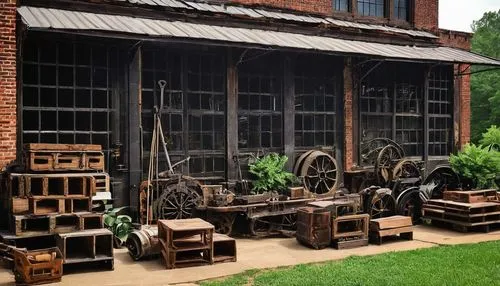 Reclaimed architectural elements, Durham NC, urban salvage yard, afternoon sun, rustic wooden crates, distressed brick walls, vintage industrial pipes, metal beams, reclaimed wood planks, eclectic mix