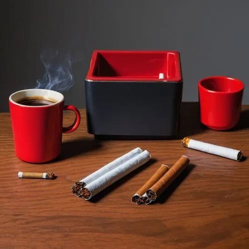 On a small wood table are: Left: half full pack of cigarettes lying on the table, Middle up: a red cup of smoking coffee, middle down: a classic fire lighter lying on the table, right: smoking cigaret