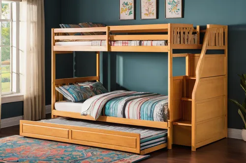 Twin Over Pull-Out Triple Bunk Bed with Trundle,bunk bed,bed frame,infant bed,canopy bed,baby bed,boy's room picture,children's bedroom,pallet pulpwood,room divider,kids room,knotty pine,baby room,woo