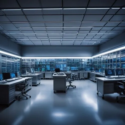 Computer architecture, futuristic laboratory, sleek metal framework, rows of servers, LED lights, wires, motherboards, processors, microchips, high-tech machinery, 3D holographic displays, minimalist 