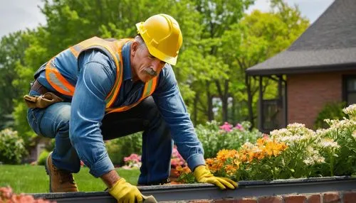 Mature muscular man, construction worker, installing architectural shingles, Menards, Home Depot, orange vest, yellow hard hat, gloves, rugged boots, worn jeans, sweat drops, focused expression, after