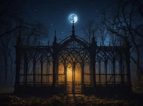 witch's house,witch house,forest chapel,haunted cathedral,lantern,gazebo,light of night,gothic architecture,moonlit night,gothic,fantasy picture,illuminated lantern,resting place,grave light,ghost castle,fairy tale,gothic style,a fairy tale,fairy tale castle,old graveyard,Art,Classical Oil Painting,Classical Oil Painting 18