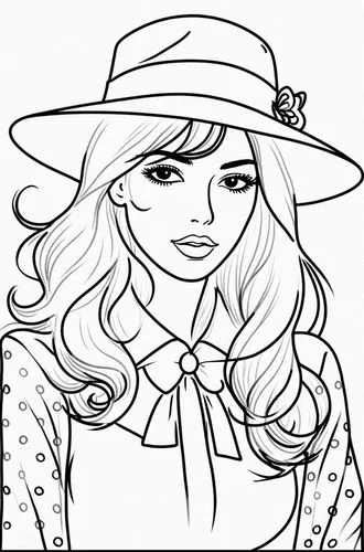 a girl wearing a hat with a bow in her hair,coloring page,fashion vector,lineart,coloring pages kids,coloring pages,straw hat,Design Sketch,Design Sketch,Rough Outline