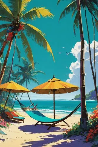 Vibrant tropical island, colorful beach balls, bamboo sticks, coconut trees, exotic flowers, sunny day, warm lighting, bright turquoise ocean, waves gently crashing, sandy shore, few seagulls flying o