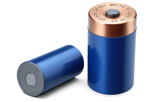 AA battery, cylindrical shape, silver metal body, blue plastic cap, positive terminal, negative terminal, copper wiring, detailed texture, metallic sheen, studio lighting, 3/4 composition, shallow dep