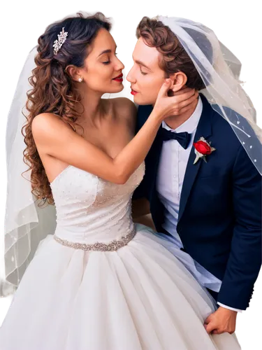 Couple, romantic, kissing, tender moment, girl with flowing curly brown hair, bright red lips, sparkling eyes, gentle smile, white wedding dress, transparent veil, pearl necklace, soft focus, warm lig