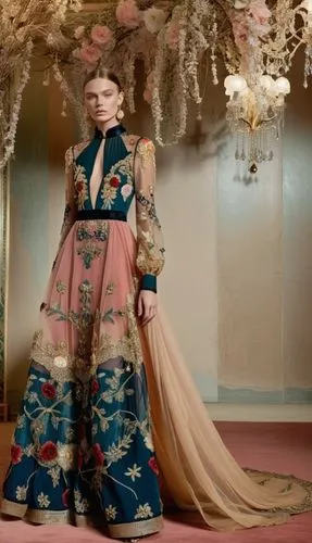 Fashion show ,a model wears a long gown in an elaborate setting,schiaparelli,imperial coat,tahiliani,fausch,tilda,sabyasachi,Photography,General,Realistic