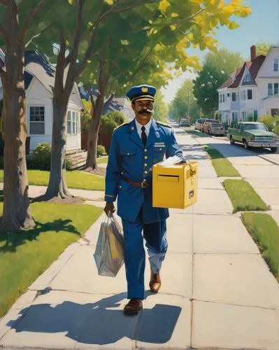 mailman,postman,delivering,newspaper delivery,bellboy,delivery man,united states postal service,package delivery,policeman,special delivery,carton man,parcel service,delivery service,courier driver,courier box,parcel delivery,pedestrian,parcel post,delivery,courier,Conceptual Art,Oil color,Oil Color 01