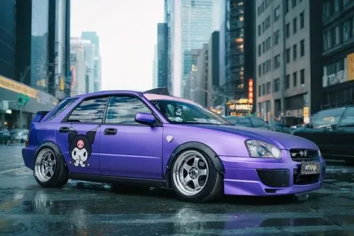 городской пейзаж ,a purple subarun parked in the middle of a street,3d car wallpaper,volkswagen golf r32,twingo,morado,urbancic,purple wallpaper