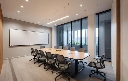 A small meeting room, with a round table, ergonomic chairs, soft lighting, a large whiteboard, minimalist décor, and a cozy, professional atmosphere,board room,conference room,meeting room,boardroom,m