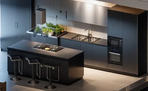 modern black and silver stainless steel service kitchens in a showroom as a display, built in appliances, showing the luxurious look ,a kitchen with two sinks and ovens with plants on the counter,mode