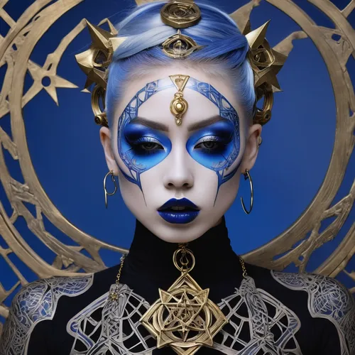 blue enchantress,priestess,ice queen,the snow queen,masquerade,headpiece,venetian mask,gold mask,cirque du soleil,golden mask,queen of the night,dark blue and gold,queen cage,fantasy portrait,mirror of souls,the enchantress,zodiac sign libra,fantasy woman,violet head elf,sacred geometry,Photography,Fashion Photography,Fashion Photography 06