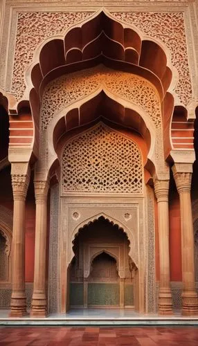 Mughal architecture, grand mosque, intricate marble inlays, ornate arches, domed ceilings, minarets, Islamic calligraphy, colorful frescoes, patterned floors, delicate stone carvings, majestic entranc