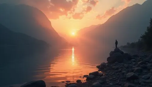 a person standing on a rock ledge by a body of water at sunrise,mountain sunrise,seton lake,incredible sunset over the lake,hallstatt,stehekin,senja,Photography,General,Realistic