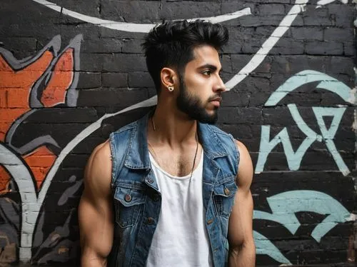 Muscular man, Hamza Nisar, 30yo, strong jawline, short beard, messy black hair, piercing brown eyes, nose ring, sleeveless denim jacket, white tank top, ripped blue jeans, black sneakers, standing, po