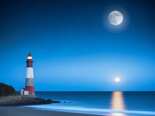 lune sur plage sombre avec un phare,the full moon over a lighthouse at night,electric lighthouse,lighthouses,lighthouse,light house,ludington,nantucket