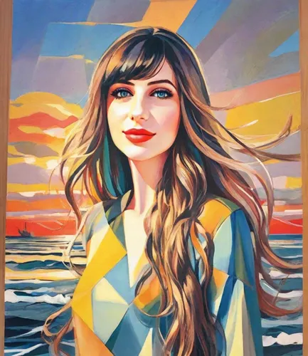 Portrait of a young woman with long flowing hair against the background of a sea sunset in sunny weather. Made in the style of rich oil painting.,oil on canvas,oil painting on canvas,oil painting,girl