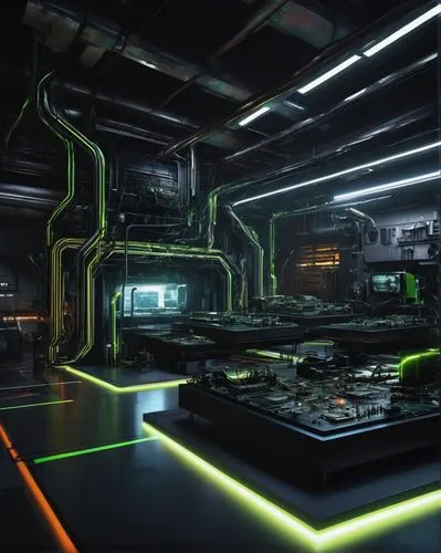 NVIDIA architecture names, futuristic, metallic, sleek design, neon lights, circuits, wires, microchips, CPU, GPU, motherboard, robotic arms, industrial background, factory setting, dark ambiance, dra