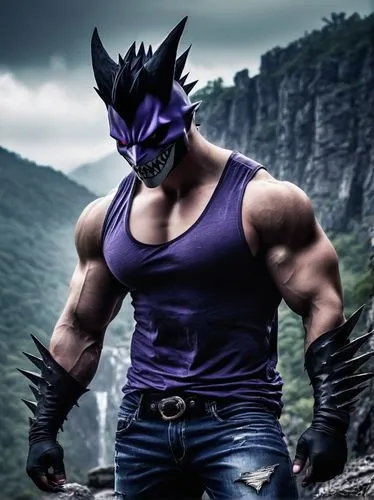 Gengar, realistic, muscular man, rugged facial features, short spiky hair, intense gaze, strong jawline, prominent nose, athletic build, sleeveless shirt, ripped jeans, heavy boots, confident stride, 