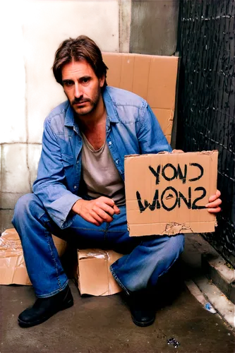 Homeless person, middle-aged man, worn-out clothes, torn jeans, dirty white shirt, messy brown hair, stubble, tired eyes, sitting on ground, holding a cardboard sign, begging for money, urban backgrou