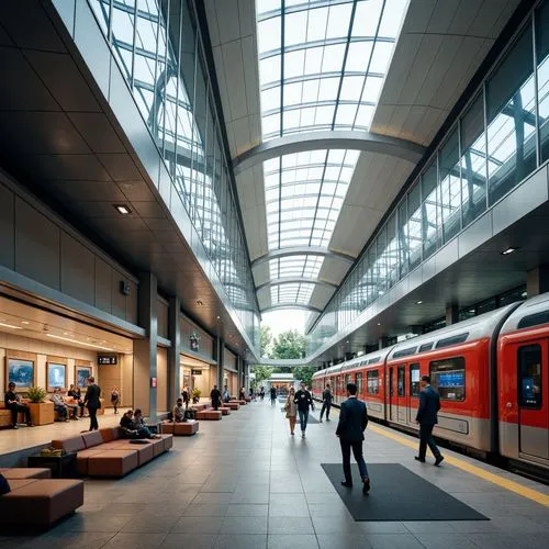 Streamlined modern train station interior, flowing curves, minimalist decor, stainless steel accents, sleek glass panels, high ceilings, natural light pouring in, airy atmosphere, comfortable seating 