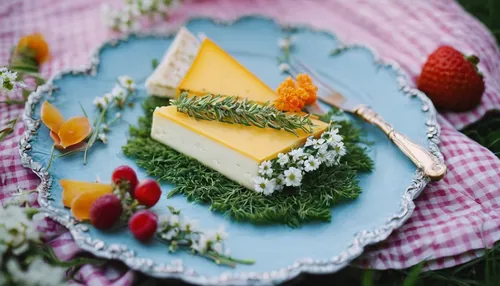 Describe a peaceful picnic scene with a cheese slice beautifully plated.,cheese cake,cassata,cream cheese cake,camembert cheese,key lime pie,soft cheese,curd cheese,cheesecake,cream slices,brie de meu