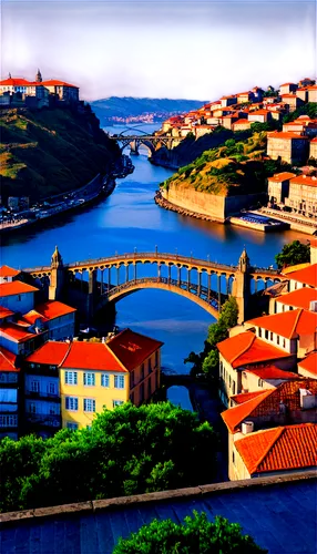 Porto cityscape, Portugal, Ribeira neighborhood, colorful tile roofs, historic architecture, Dom Luis I Bridge, Douro River, sunset warm lighting, golden hour, 3/4 composition, shallow depth of field,