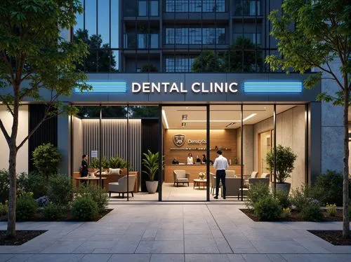 Modern dental clinic, sleek glass facade, minimalist entrance, stainless steel frames, LED signage, calming blue accents, natural stone walls, wooden interior design, comfortable waiting area, ergonom