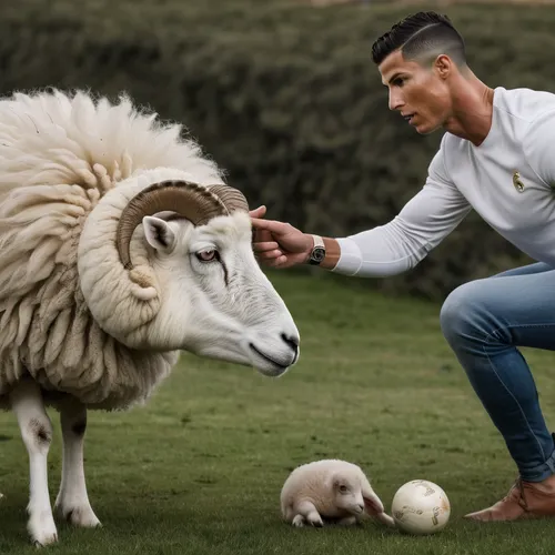 cristiano ronaldo playing rock paper scissors with a sheep,ronaldo,cristiano,goats,domestic goat,human and animal,young goat,round bale,good shepherd,shear sheep,sheep shearer,goat,the sheep,domestic 